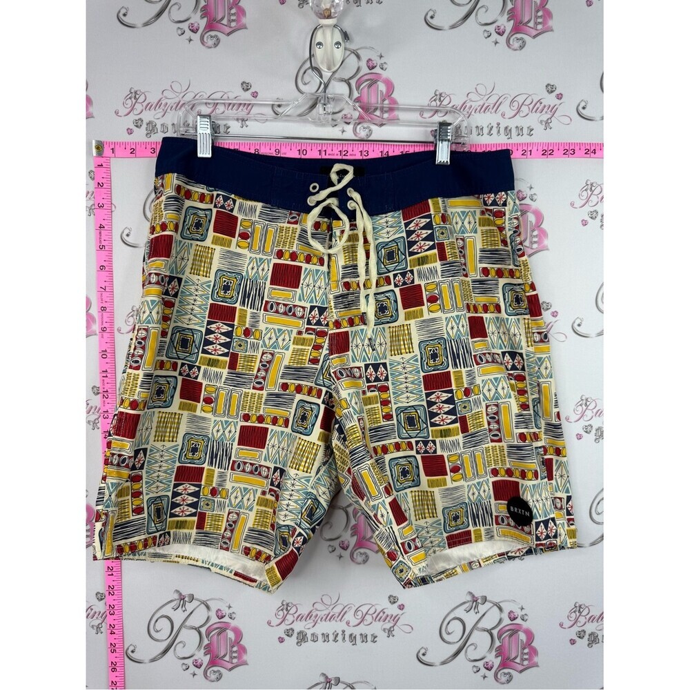 Brixton shorts Multicolor Geometric Patchwork Swim Shorts with Navy Waistband